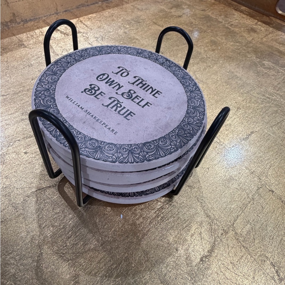 Decorative Coaster Set with Holder with Shakespeare quotes